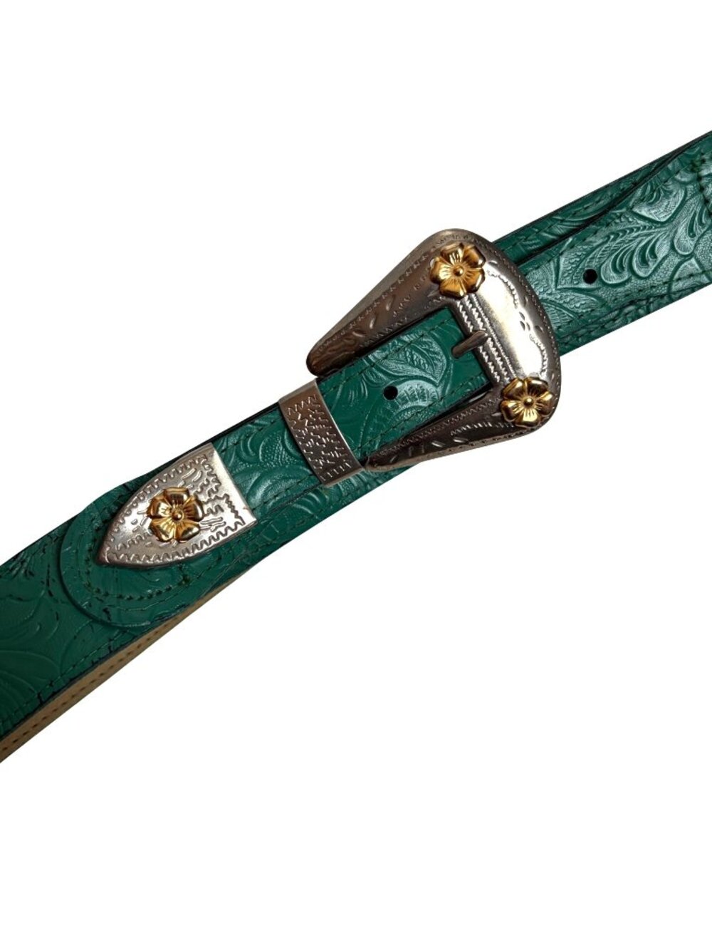 Vintage Benetton Embossed Green Faux Leather Western Belt Womens M L Silver Tips